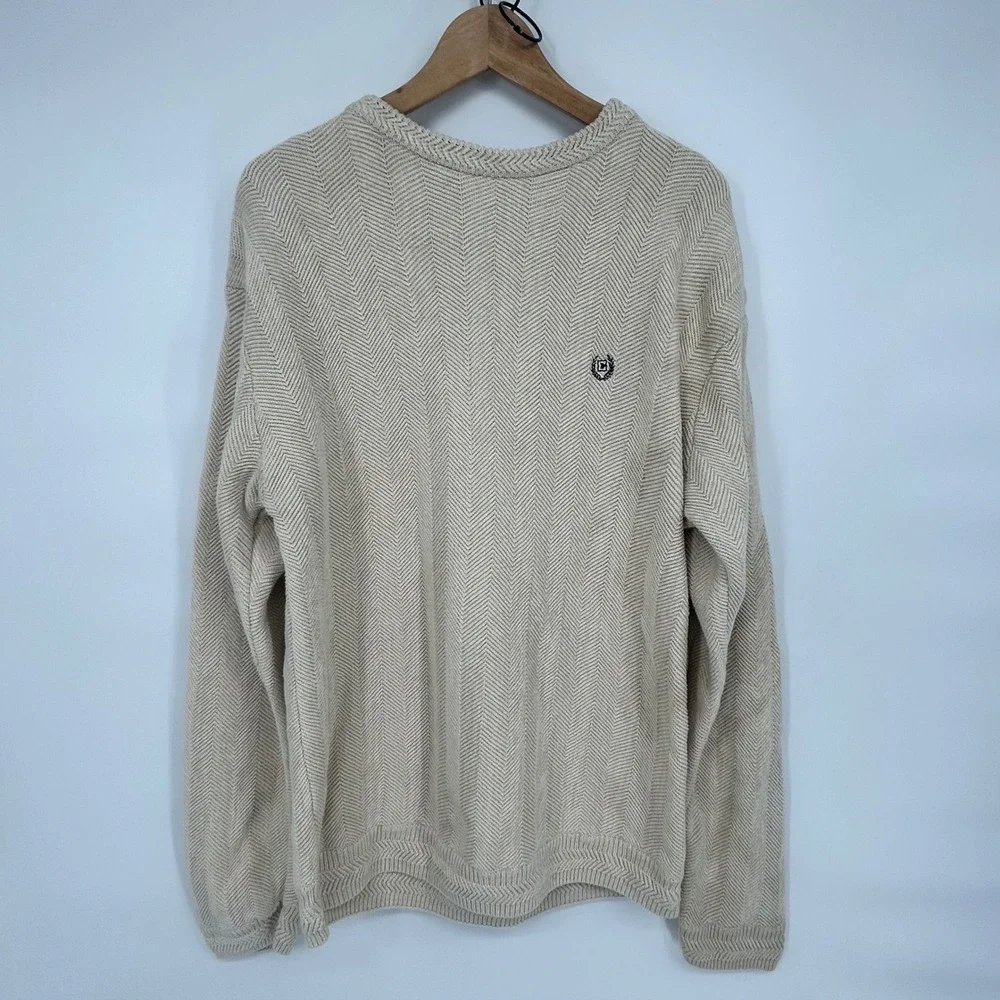 Chaps Mens L/G Beige Cotton Sweater Long‎ Sleeve Crew Neck Embroidered Logo